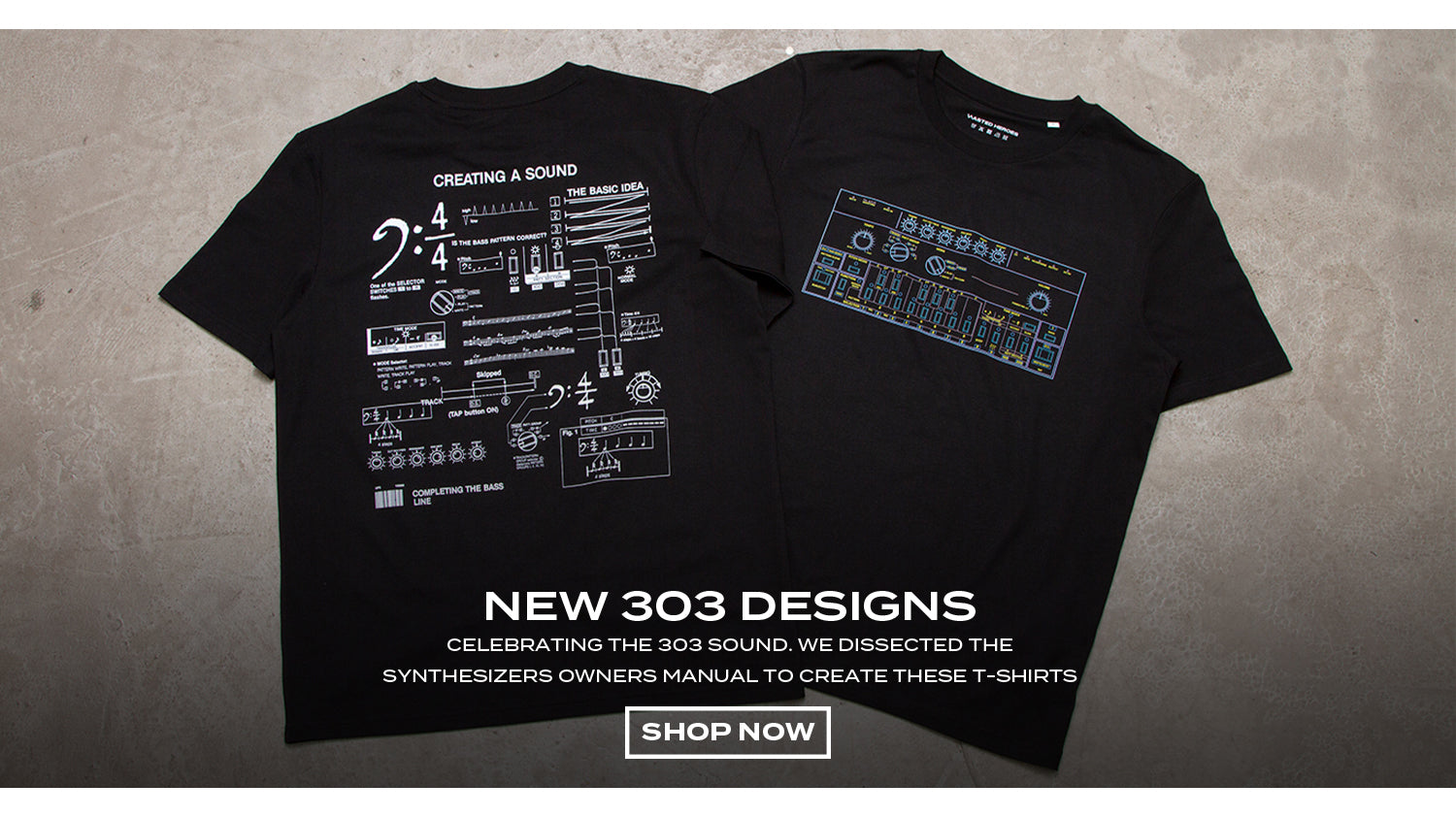 NEW 303 DESIGNS. CELEBRATING THE 303 SOUND. WE DISSECTED THE SYNTHESIZERS OWN MANUAL TO CREATE THESE T-SHIRTS