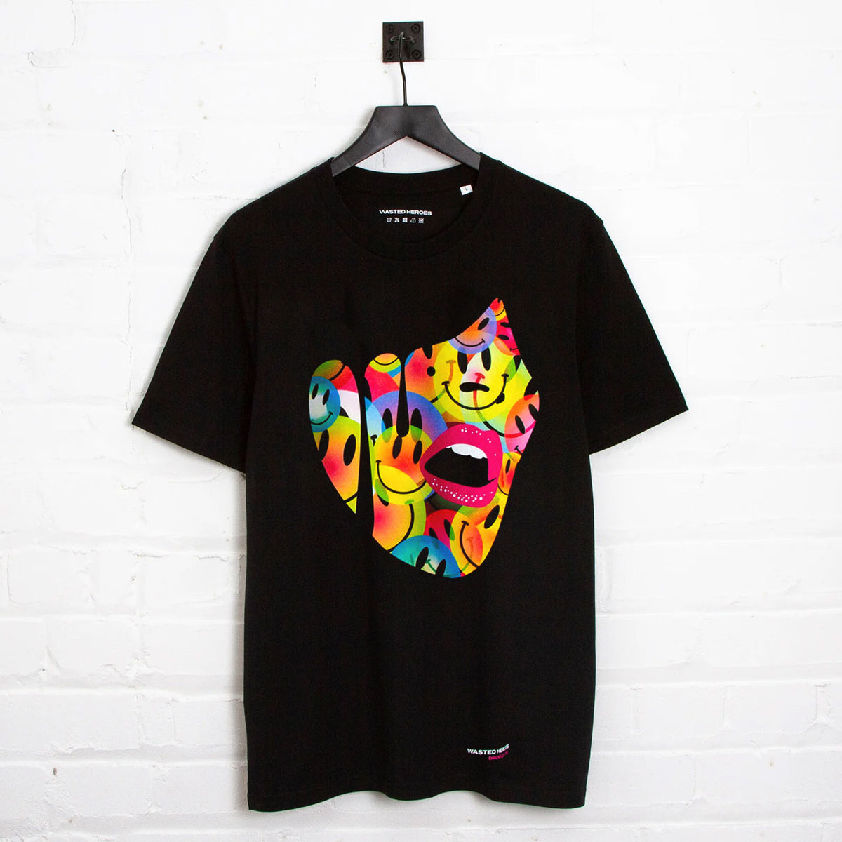 Black T-Shirt from Wasted Heroes featuring the Droplet Face Front Print design — underground club culture inspired streetwear, hand-printed in Liverpool.