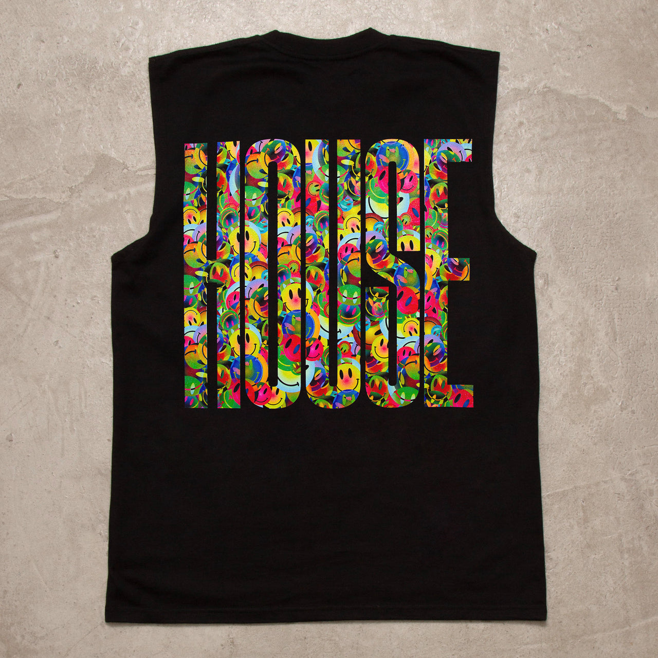 Smiley Higher House Back Print - Tank Tshirt - Black