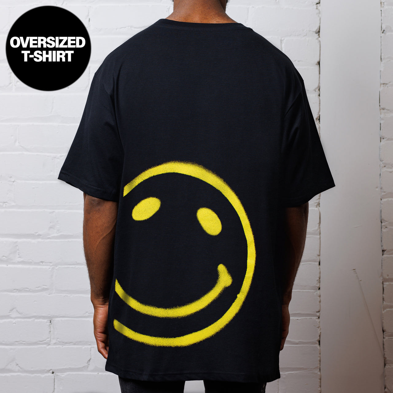 Stencilled Side Smiley Back - Oversized Tshirt - Black