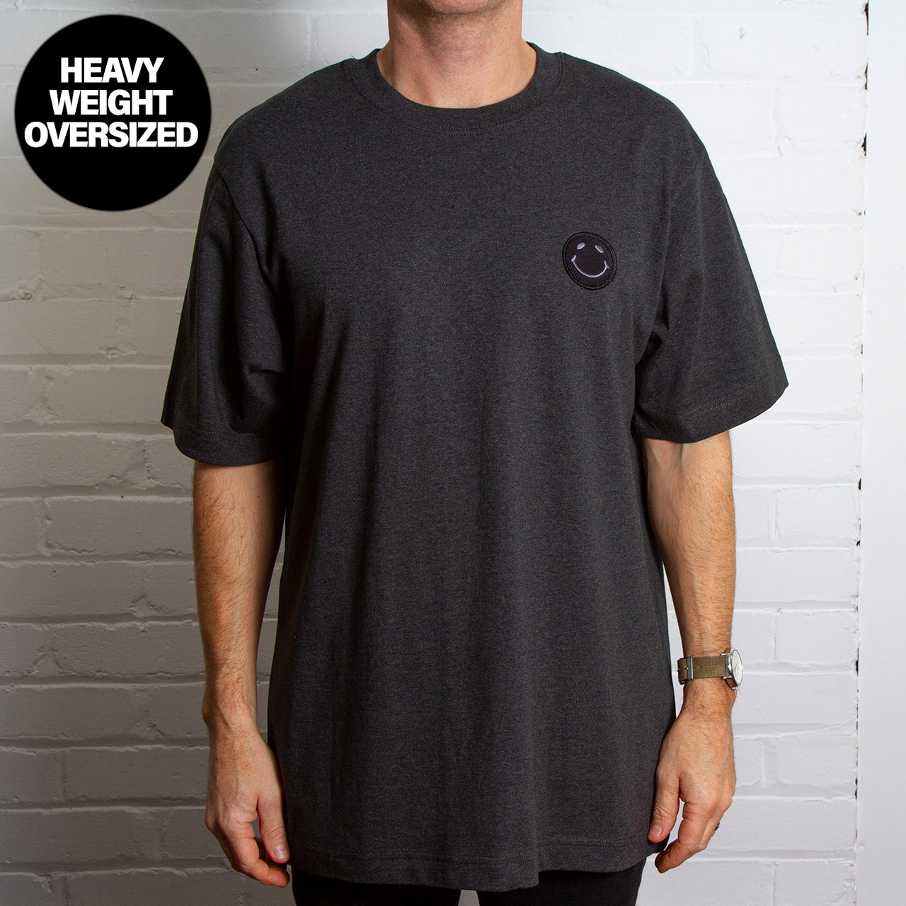 BB Smiley Crest  - Heavyweight Oversized Tshirt - Dark Heather Grey